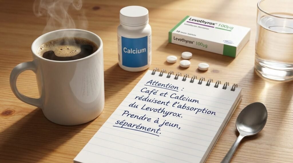 Tasse de café et comprimés de calcium à côté d'une boîte de Levothyrox, illustrant les erreurs fréquentes d'absorption qui bloquent l'efficacité du traitement
