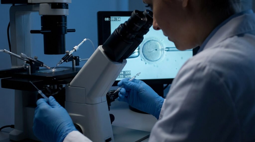 Geste technique de l'ICSI en laboratoire où un biologiste injecte un spermatozoïde sélectionné directement dans l'ovule pour contourner la tératospermie