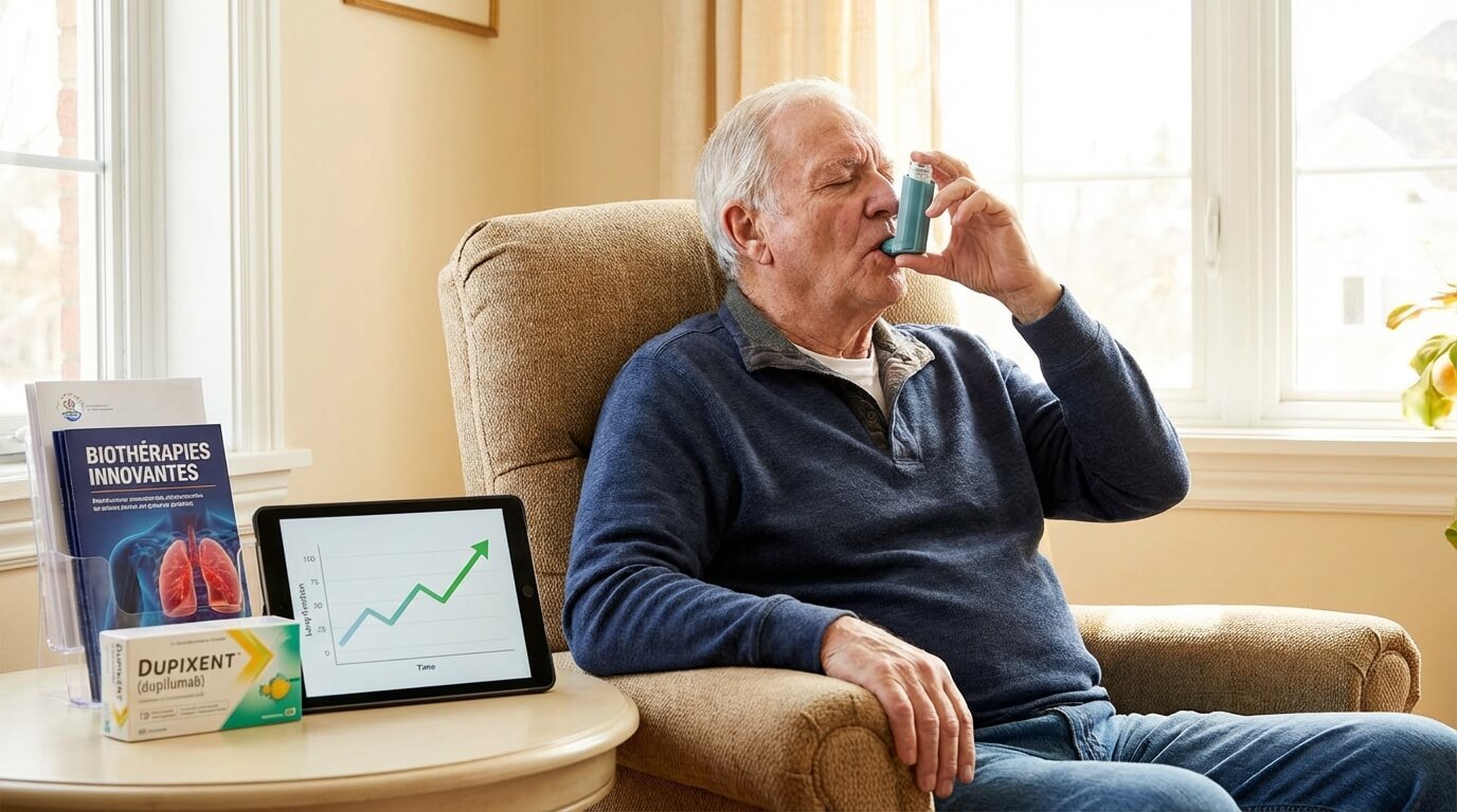 Patient souffrant de BPCO utilisant son inhalateur, espérant une amélioration de sa fonction respiratoire grâce aux nouvelles biothérapies comme le Dupixent