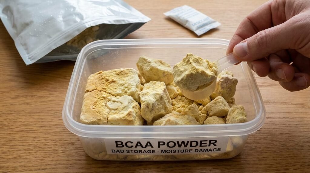 BCAA périmés : Peut-on les consommer sans danger ? Risques, Stabilité et Efficacité 3 Poudre de BCAA ayant pris l'humidité et formant des blocs solides compacts, signe d'une mauvaise conservation nécessitant une inspection visuelle et olfactive