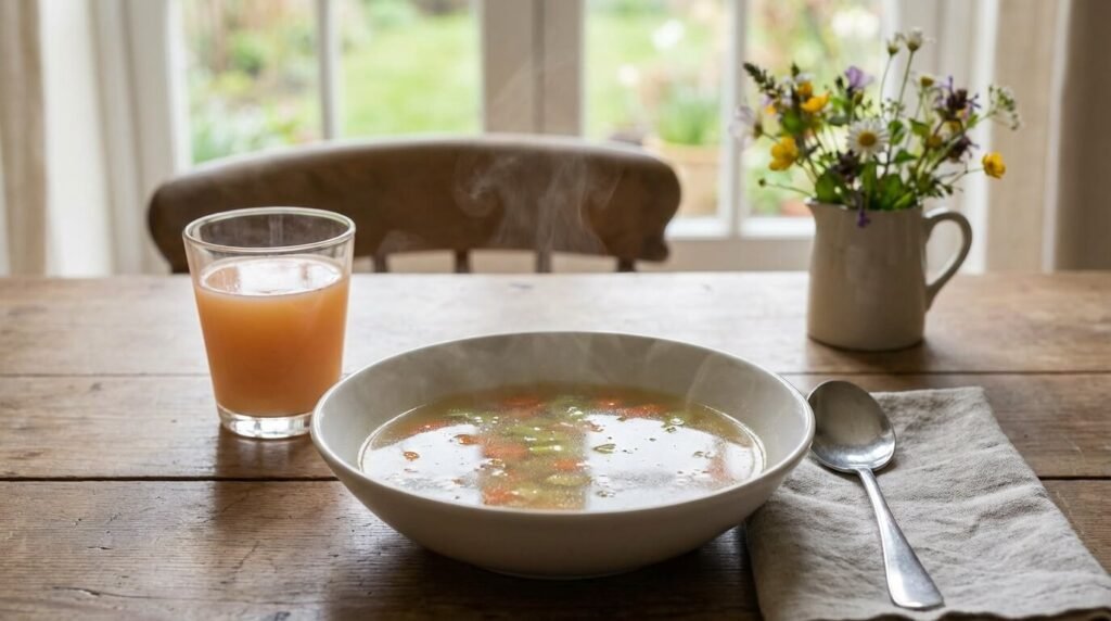 Bol de bouillon de légumes clair et jus de carotte dilué, aliments liquides indispensables pour rompre le jeûne en douceur et éviter le syndrome de renutrition