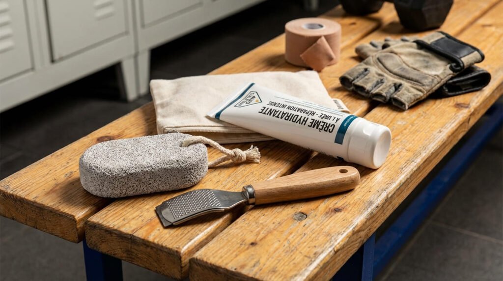 Kit de soin des mains pour sportif comprenant une pierre ponce, un rasoir à callosités et une crème hydratante à l'urée, essentiels pour prévenir les blessures