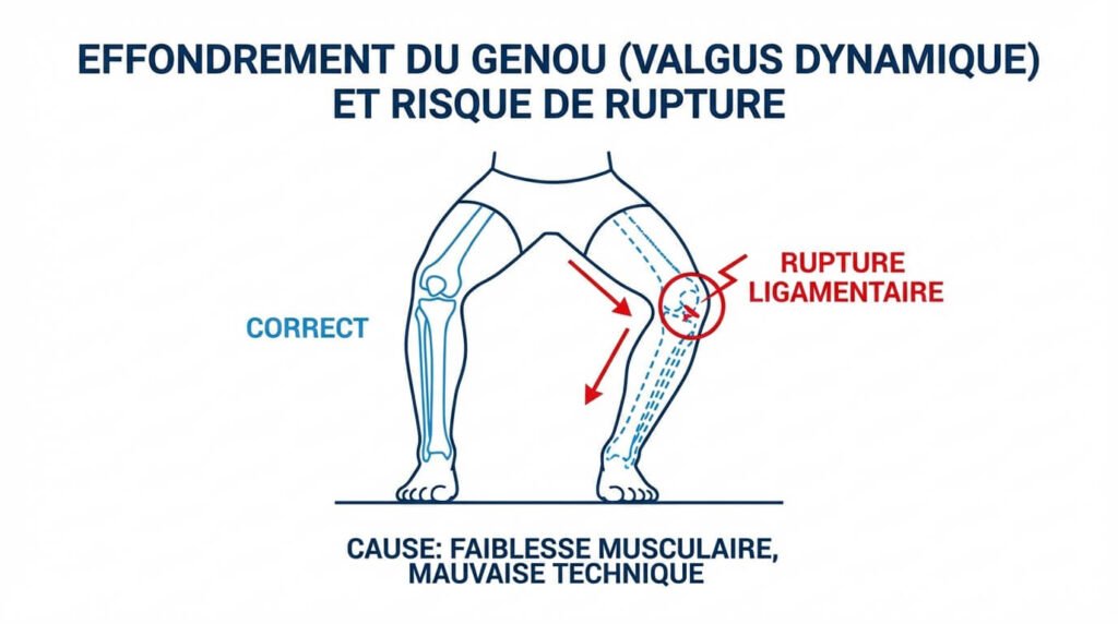 Schéma technique montrant l'effondrement des genoux vers l'intérieur (valgus dynamique) lors de la phase de poussée, cause fréquente de rupture ligamentaire