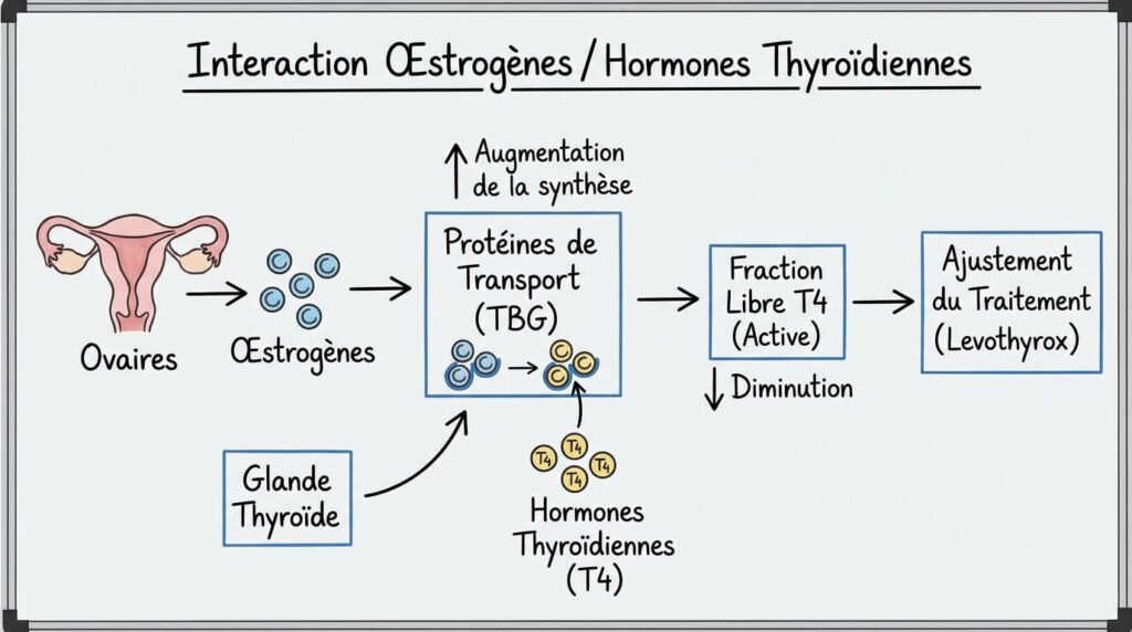 Schéma explicatif montrant l'interaction entre les œstrogènes ovariens et les protéines de transport des hormones thyroïdiennes, expliquant le besoin d'ajustement du traitement