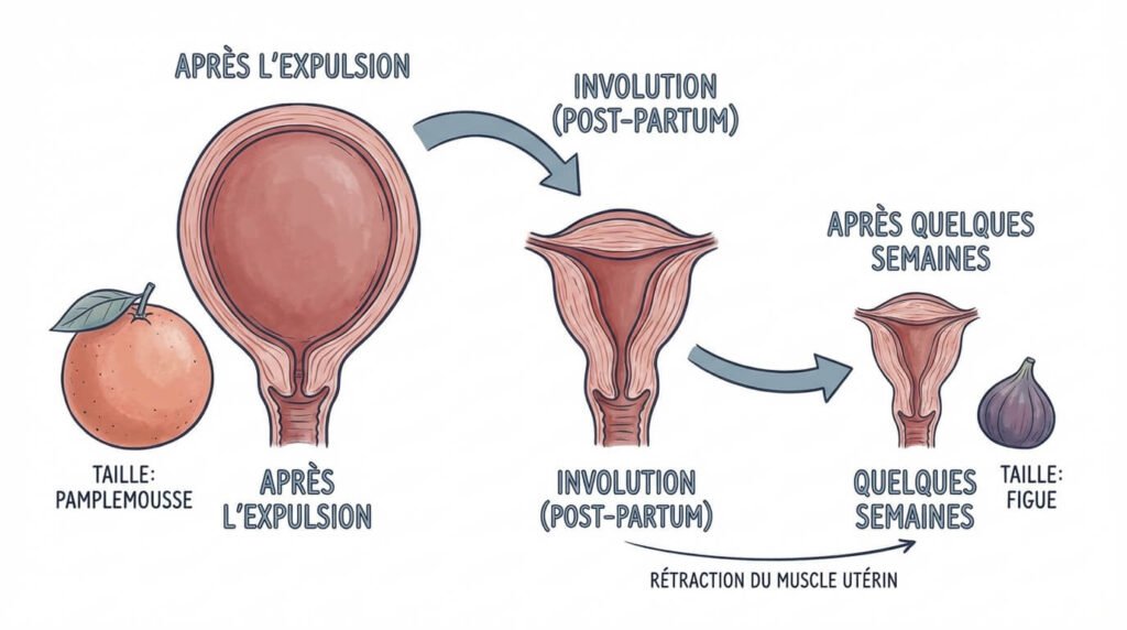 Schéma médical illustrant le processus d'involution de l'utérus qui doit passer de la taille d'un pamplemousse à celle d'une figue après l'expulsion