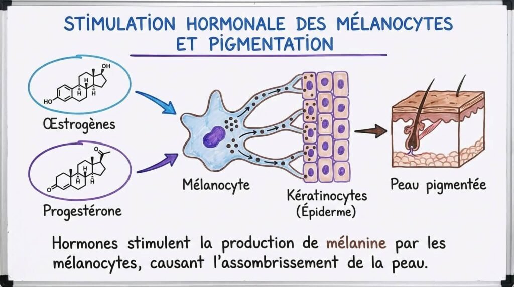 Schéma explicatif de la stimulation des mélanocytes par les hormones (œstrogènes et progestérone) causant la pigmentation de la peau