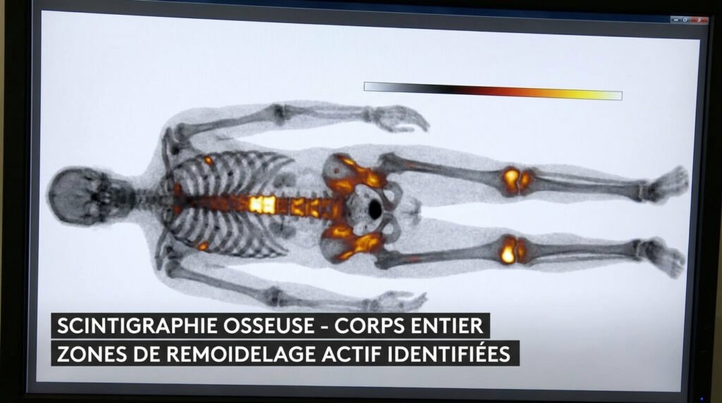 Examen de scintigraphie osseuse mettant en évidence les zones de remodelage actif pour vérifier l'intégrité du squelette