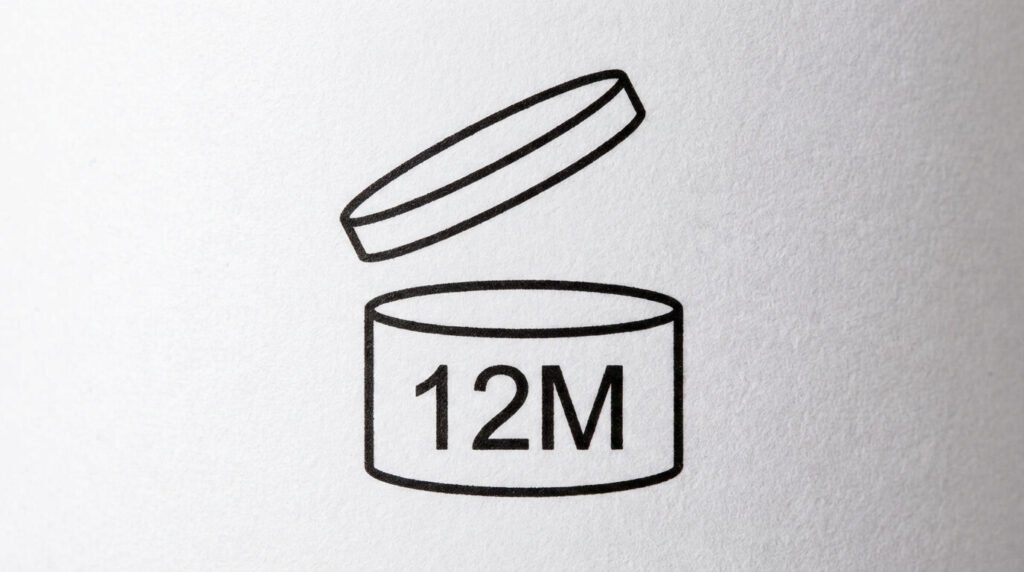 Pictogramme standardisé du "pot ouvert" (PAO - Période Après Ouverture) avec la mention "12M", indicateur clé de la durée de vie du produit une fois entamé