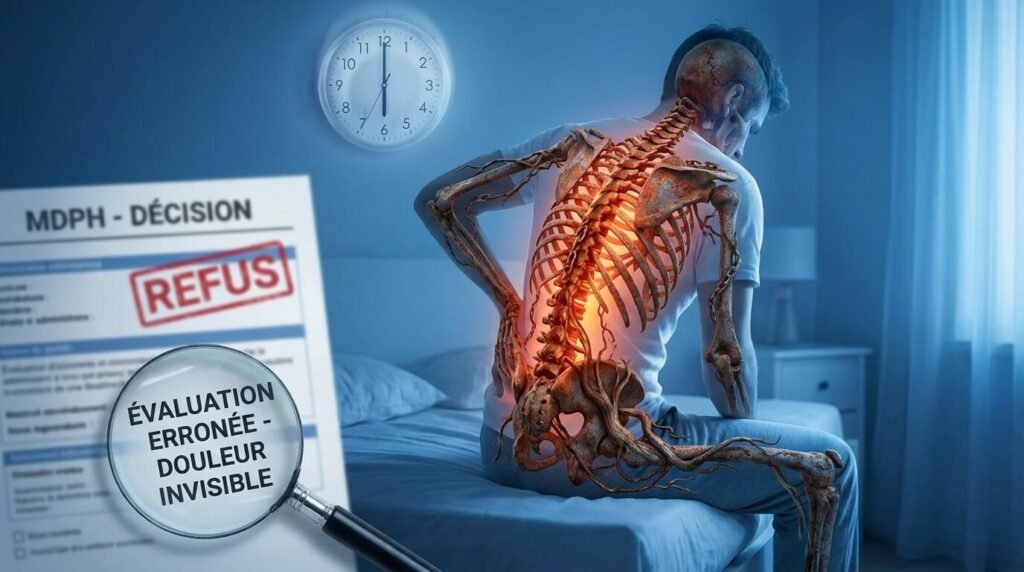Illustration de la douleur invisible et de la raideur matinale caractéristiques de la spondylarthrite ankylosante, souvent mal évaluées par les commissions administratives