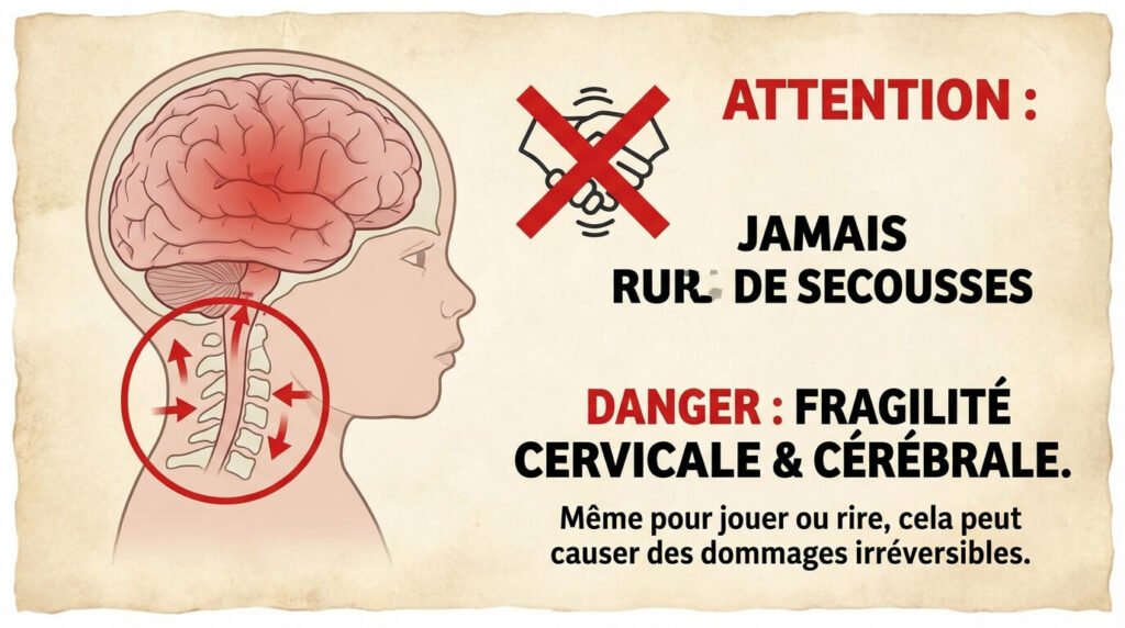 Illustration rappelant de ne jamais secouer un bébé, même pour jouer ou le faire rire, soulignant la fragilité cervicale