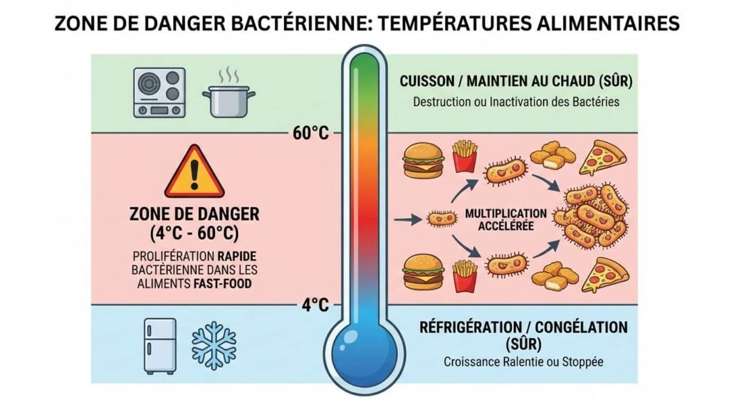 Graphique de la "Zone de Danger" des températures (entre 4°C et 60°C) où les bactéries prolifèrent rapidement dans les aliments fast-food