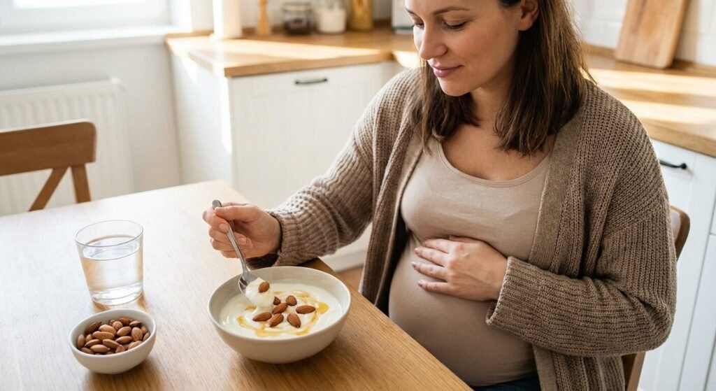 Que manger après un test de glucose : Les meilleurs aliments pour récupérer 2 Femme enceinte dégustant une collation équilibrée composée d'amandes et d'un yaourt nature