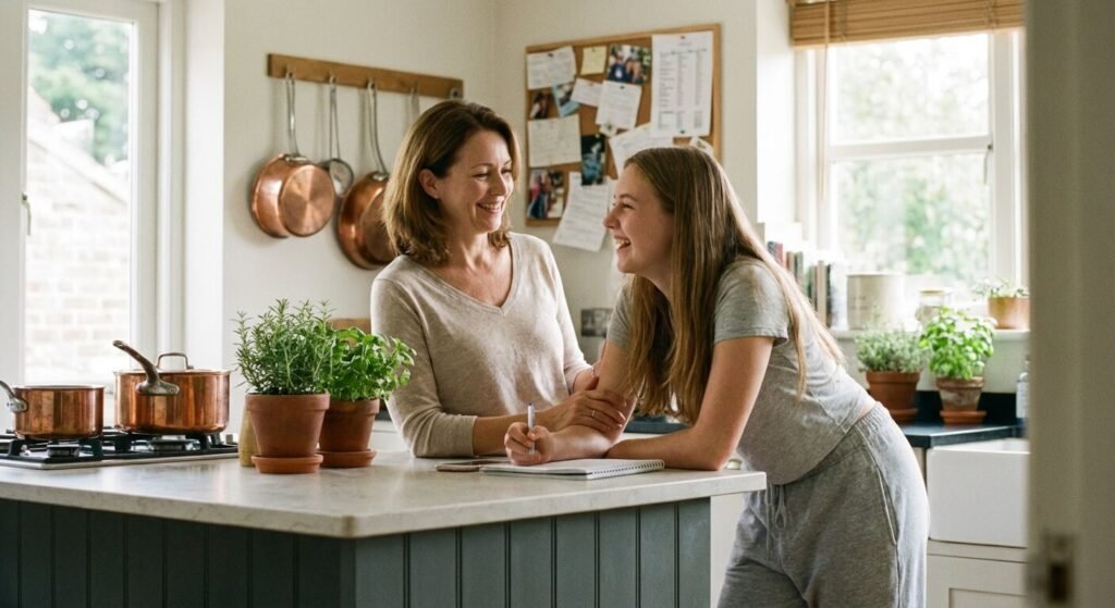 Ma fille grossit à vue d'œil : Comment réagir avec bienveillance ? 2 Mère discutant de manière bienveillante et complice avec sa fille adolescente dans la cuisine familiale
