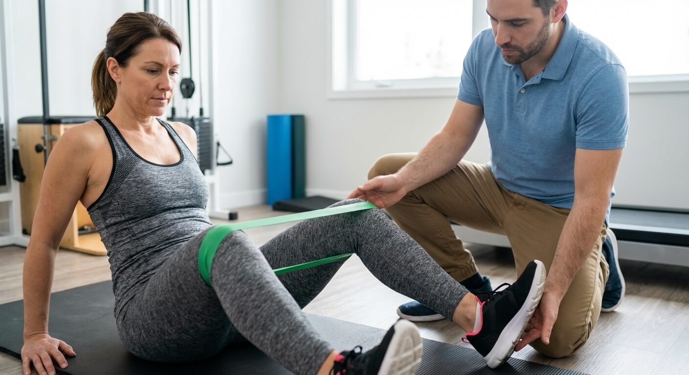 Patient adulte réalisant des exercices de physiothérapie ciblés avec élastique pour améliorer l'alignement de ses genoux