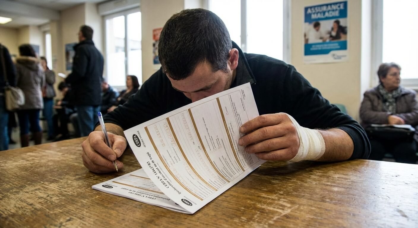 Patient remplissant un formulaire Cerfa de la Sécurité Sociale pour déclarer un sinistre professionnel