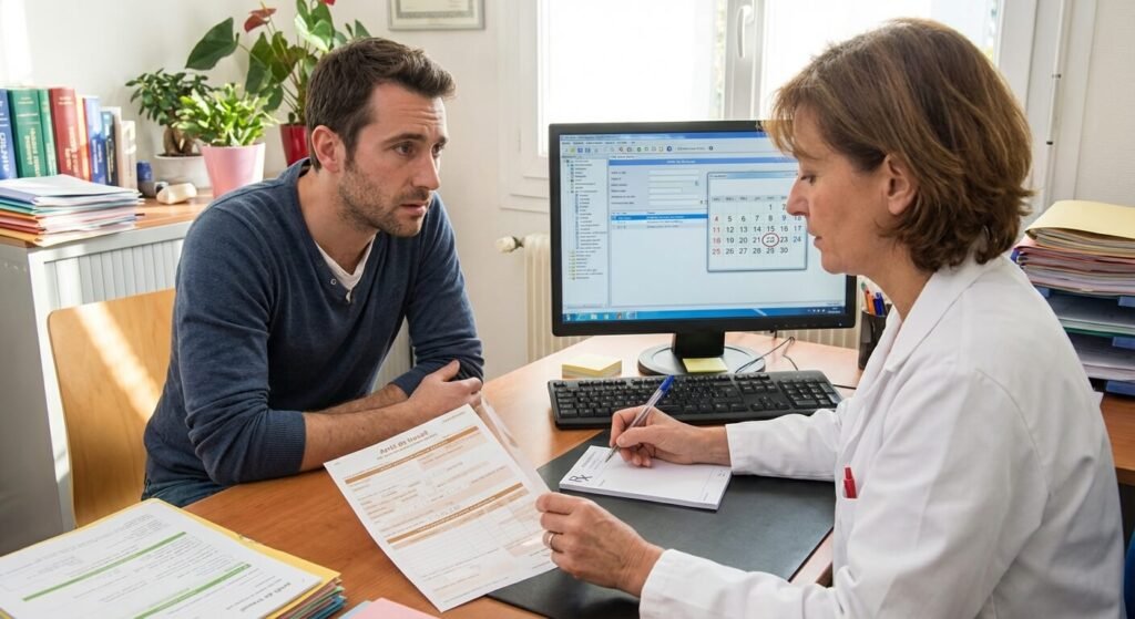 Patient en consultation chez son médecin traitant pour renouveler son arrêt maladie avant son expiration