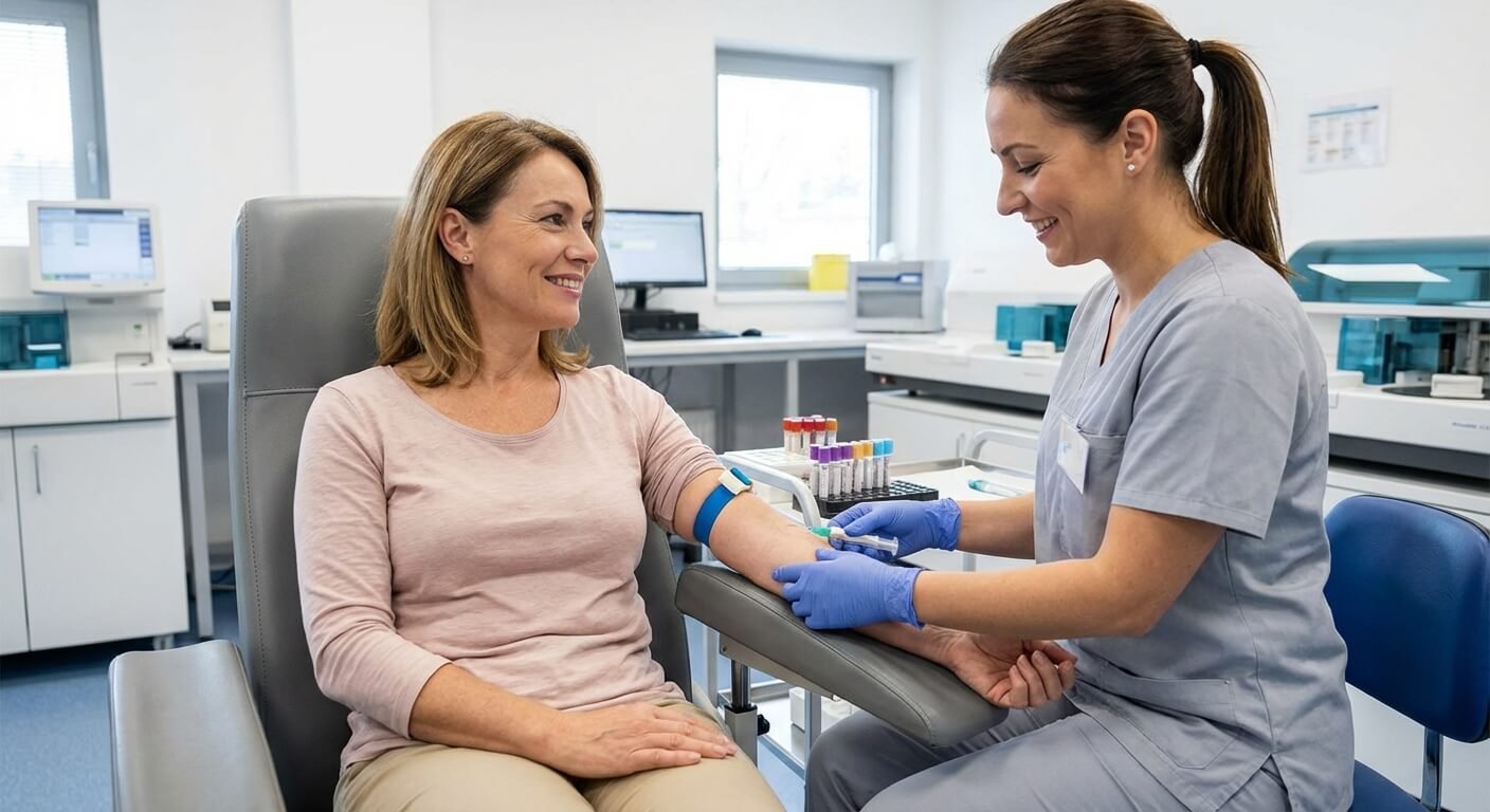 Patiente rassurée réalisant un prélèvement sanguin de routine au laboratoire d'analyses médicales