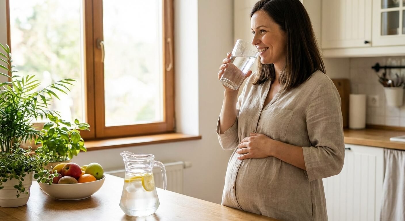 Femme enceinte buvant un grand verre d'eau pour maintenir une bonne hydratation