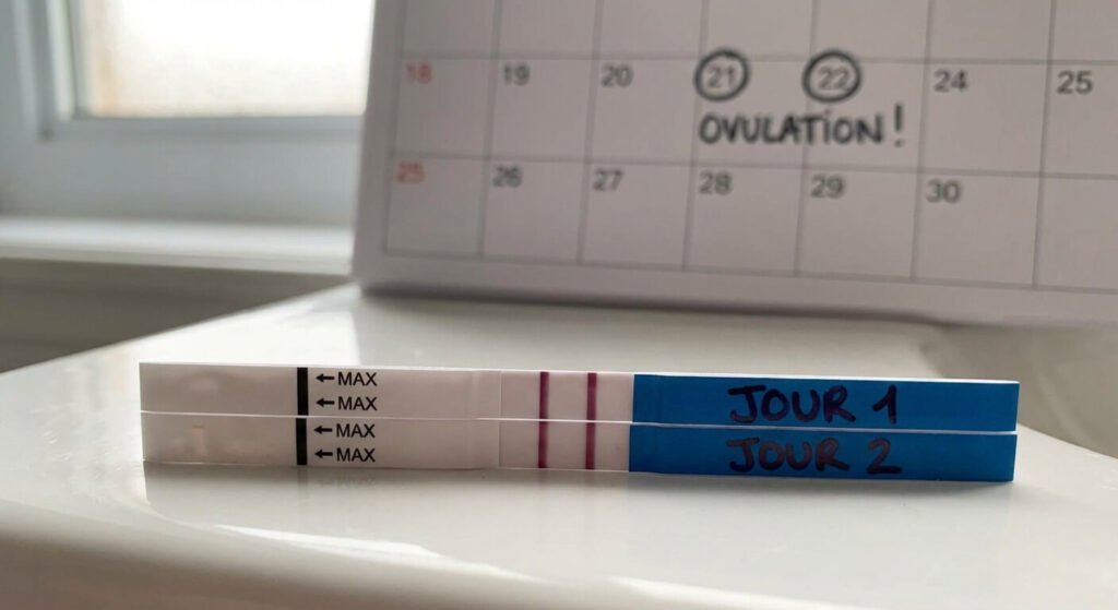 Test d'ovulation positif 2 jours de suite : Comment l'interpréter ? 2 Deux bandelettes de test d'ovulation affichant des lignes très foncées sur deux jours consécutifs