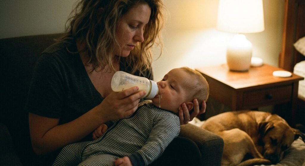 Parent donnant patiemment le biberon à son bébé qui semble s'endormir