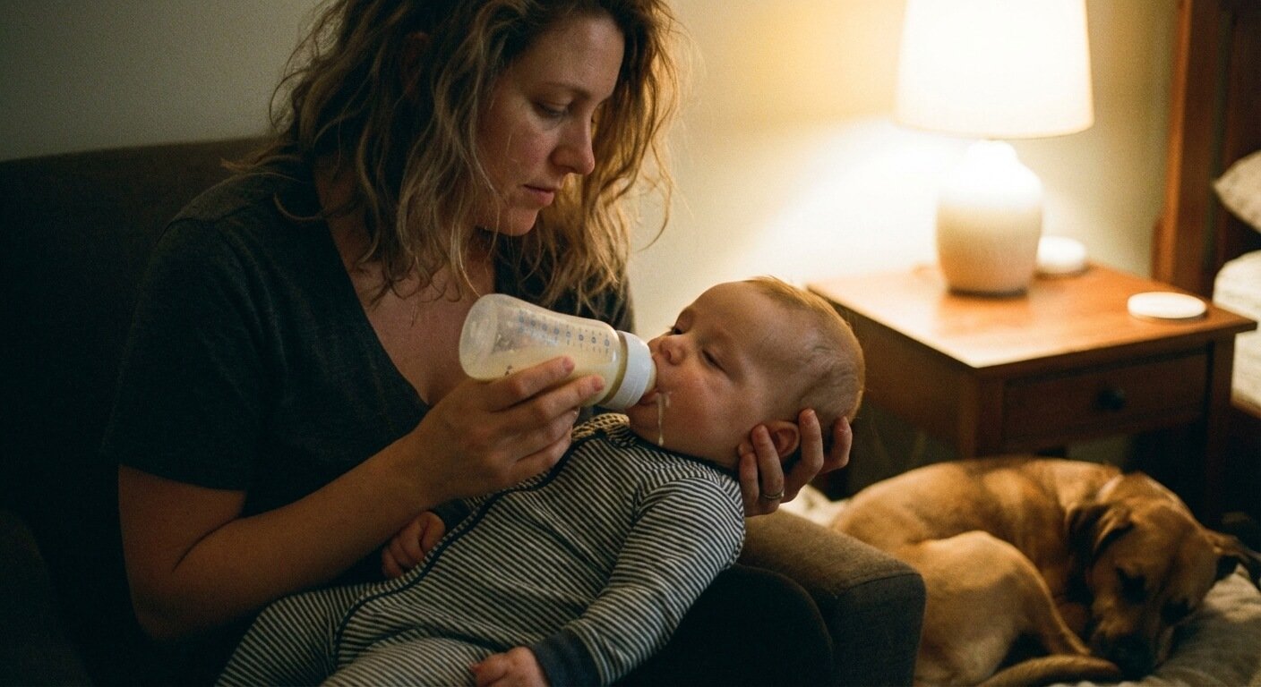 Parent donnant patiemment le biberon à son bébé qui semble s'endormir