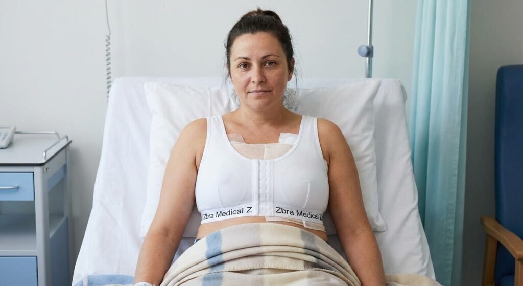 Patiente portant un soutien-gorge post-opératoire Zbra de la marque Medical Z après une chirurgie mammaire