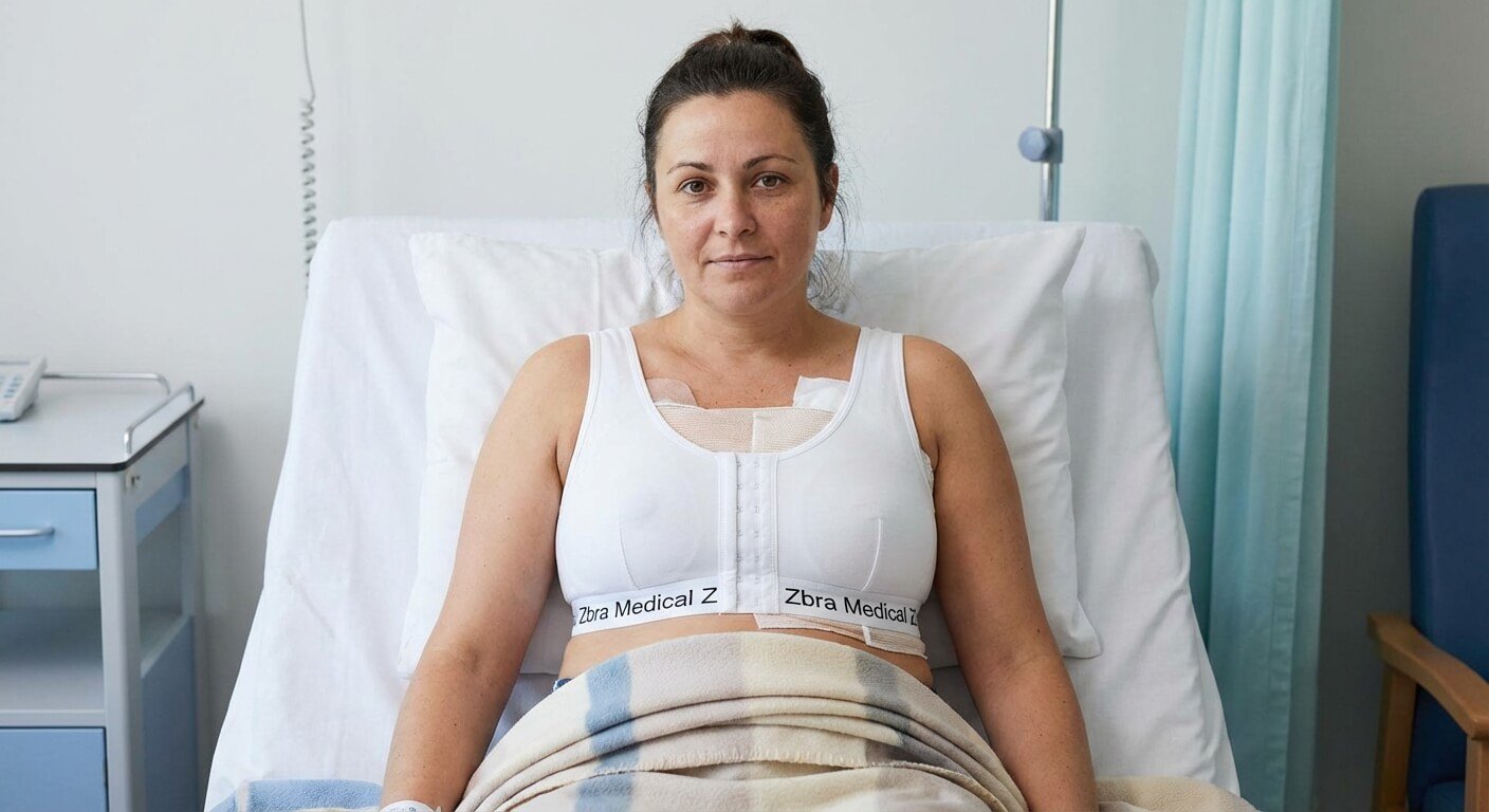 Patiente portant un soutien-gorge post-opératoire Zbra de la marque Medical Z après une chirurgie mammaire