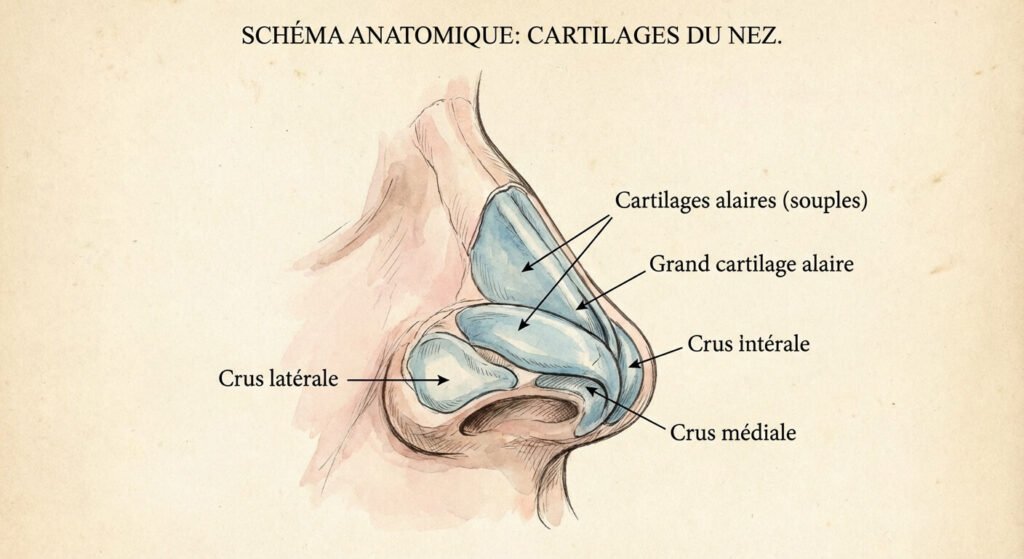 Schéma anatomique médical détaillant les cartilages alaires souples situés à l'extrémité du nez humain
