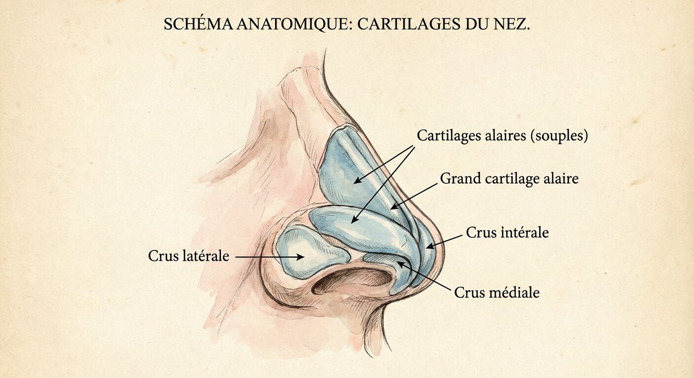 Schéma anatomique médical détaillant les cartilages alaires souples situés à l'extrémité du nez humain