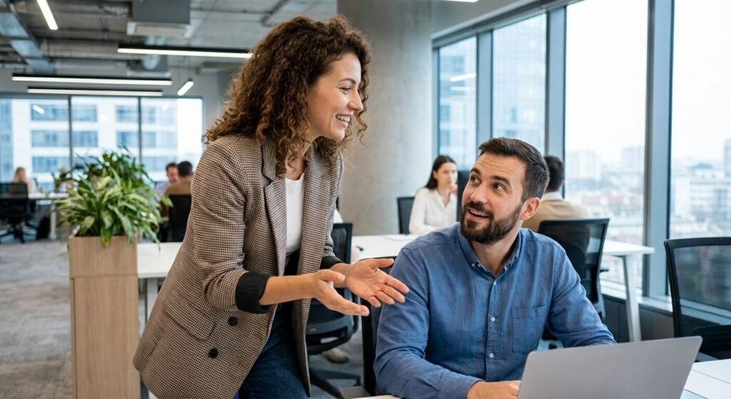 Femme souriante prenant l'initiative d'engager la conversation avec un collègue masculin au bureau
