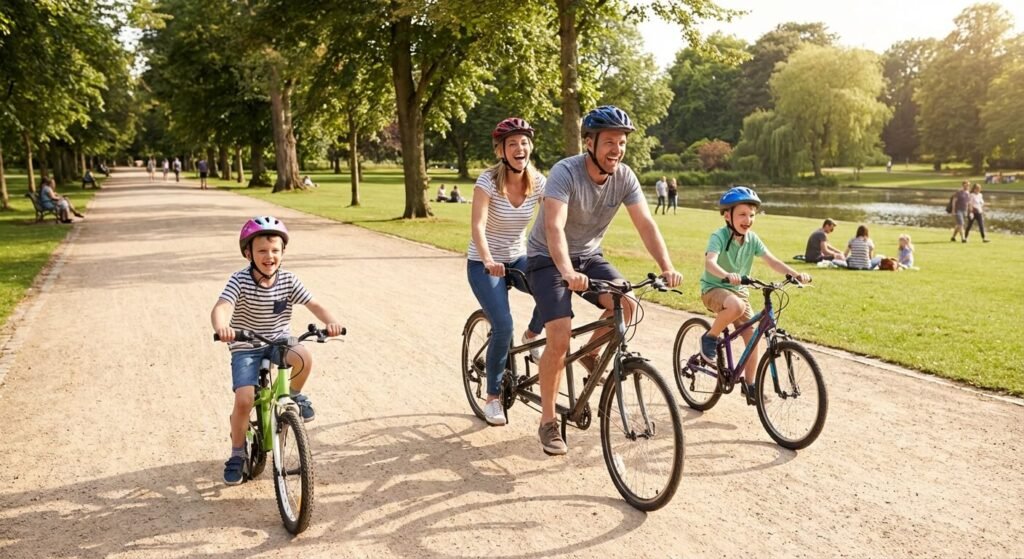 Ma fille grossit à vue d'œil : Comment réagir avec bienveillance ? 3 Famille heureuse faisant une balade à vélo dans un grand parc pour encourager l'activité physique ludique