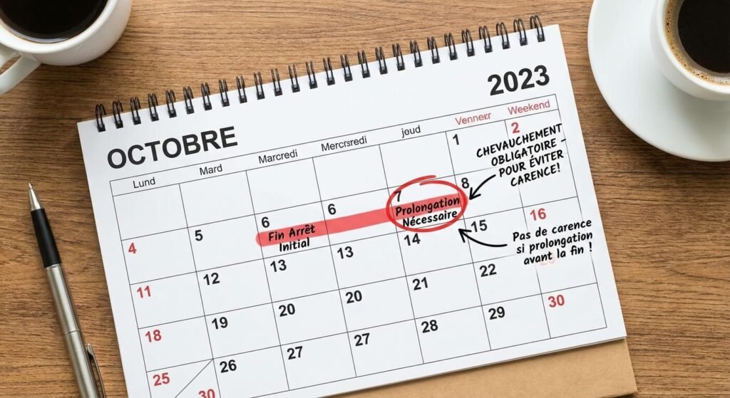 Calendrier illustrant les dates de fin d'arrêt de travail et le chevauchement nécessaire pour éviter la carence