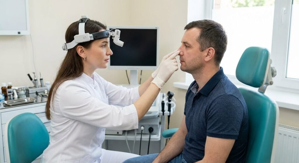 Médecin ORL palpant doucement la pointe du nez d'un patient lors d'une consultation clinique