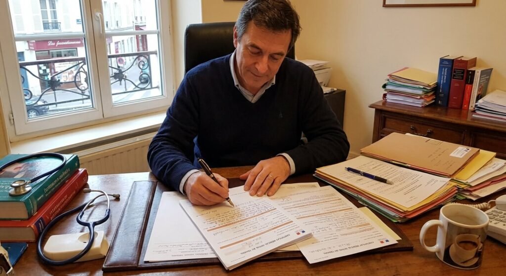 Rectification d'un arrêt maladie en accident du travail : La marche à suivre 3 Médecin généraliste rédigeant un certificat médical initial détaillé dans son cabinet