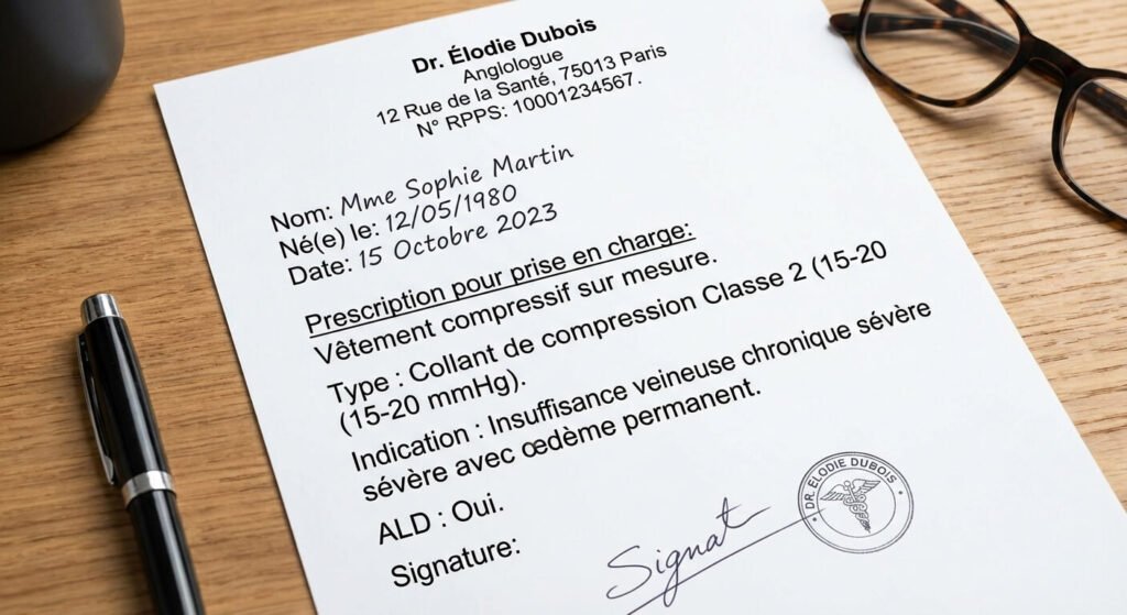 Ordonnance médicale détaillée pour la prise en charge d'un vêtement compressif par l'Assurance Maladie