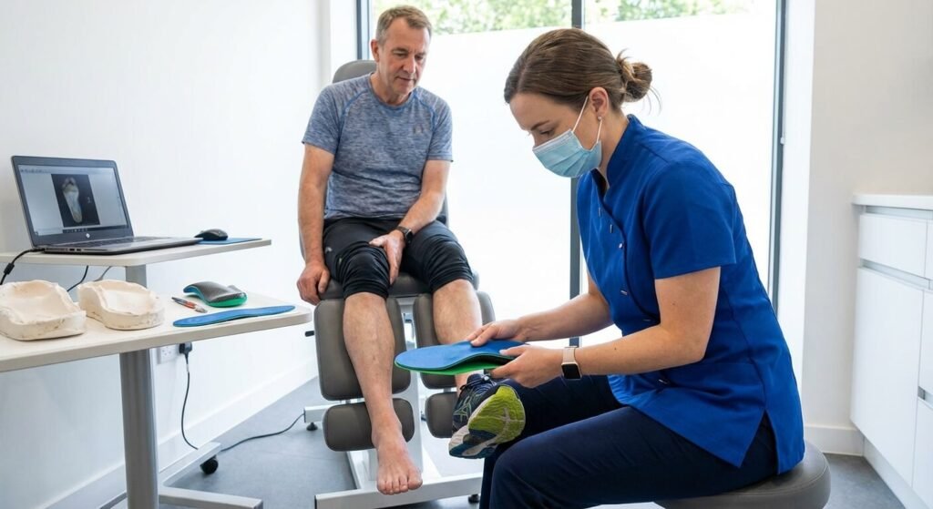 Podologue ajustant des semelles orthopédiques correctrices sur mesure pour rééquilibrer les appuis plantaires d'un patient