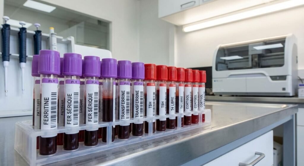 Tubes d'échantillons sanguins alignés sur un portoir en attente d'analyse pour le dosage du fer et des hormones