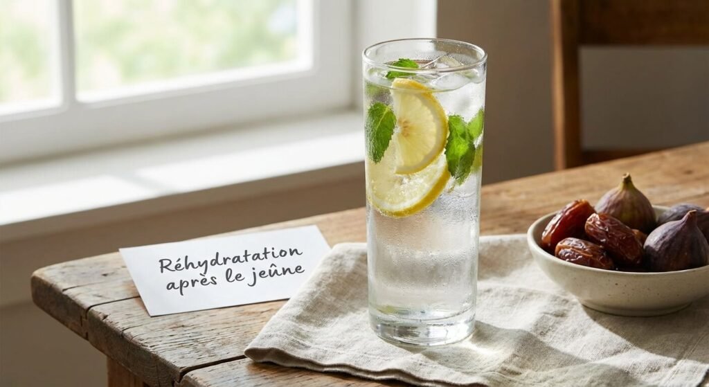 Que manger après un test de glucose : Les meilleurs aliments pour récupérer 3 Verre d'eau infusée au citron posé sur une table pour réhydrater l'organisme après un jeûne