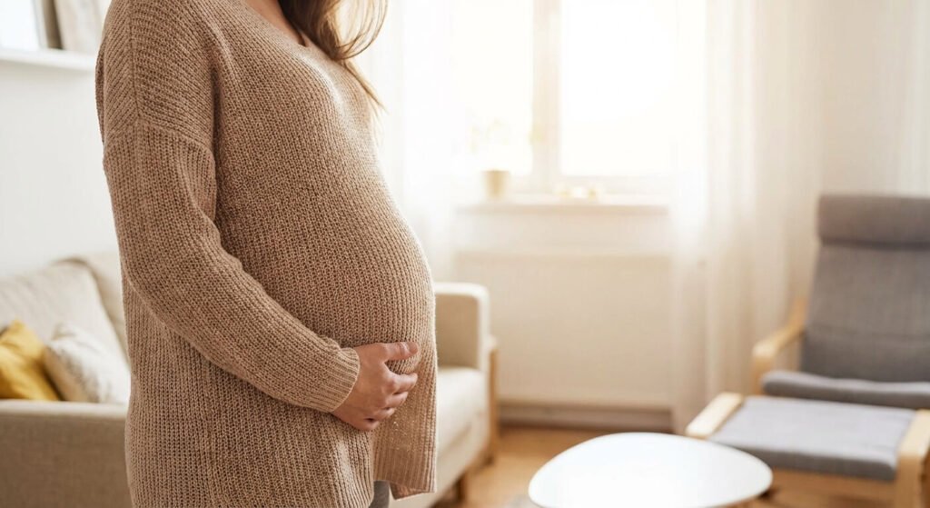 Femme enceinte posant délicatement la main sur le bas de son ventre en fin de grossesse