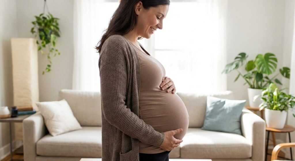 Femme enceinte au neuvième mois de grossesse affichant un ventre particulièrement haut