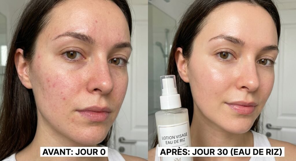 Montage comparatif d'un visage avant et après l'utilisation quotidienne d'une lotion à l'eau de riz