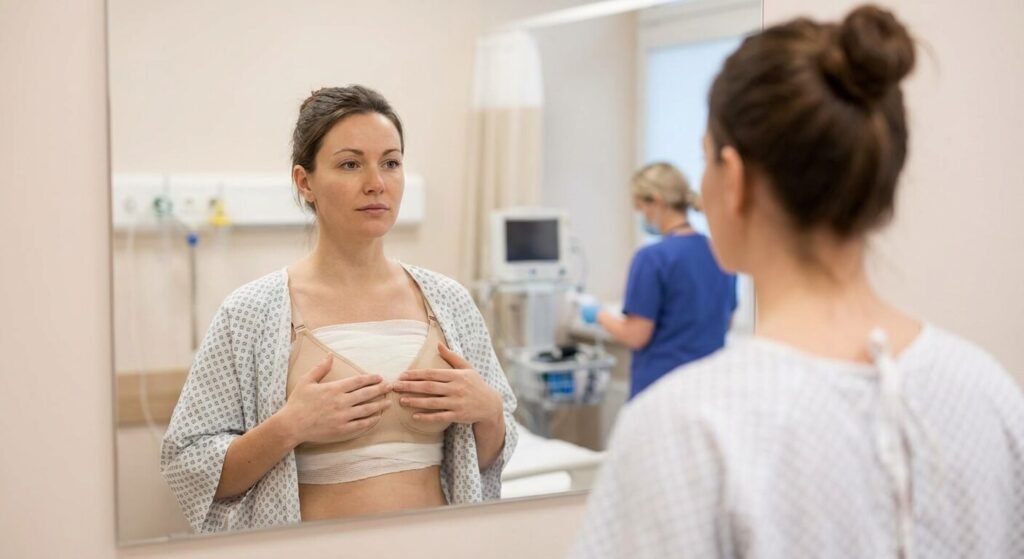 Patiente observant le volume de sa nouvelle poitrine dans un miroir après une chirurgie esthétique