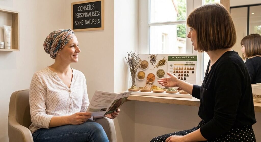 Femme atteinte d'un cancer recevant des conseils sur les colorations capillaires végétales adaptées à son cuir chevelu