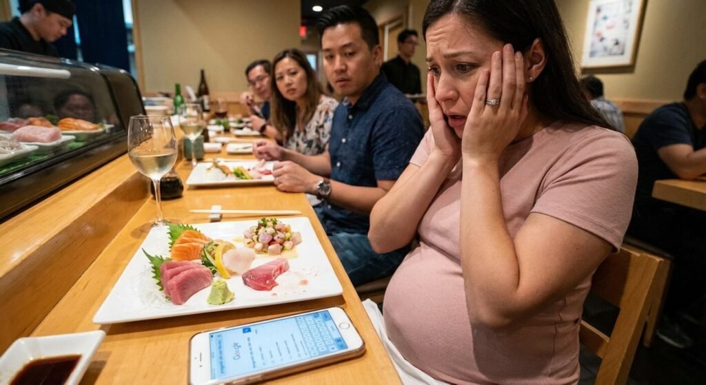 Femme enceinte stressée après avoir consommé du poisson cru par accident