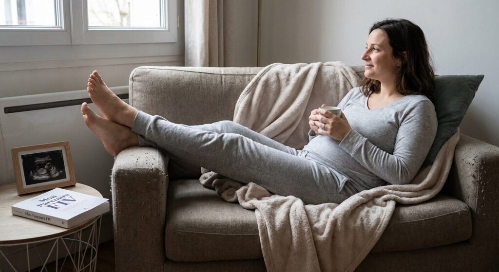 Femme se reposant sur un canapé après un transfert d'embryon en parcours FIV