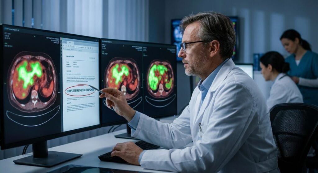 Médecin oncologue analysant les images d'un PET-scan montrant une réponse métabolique complète