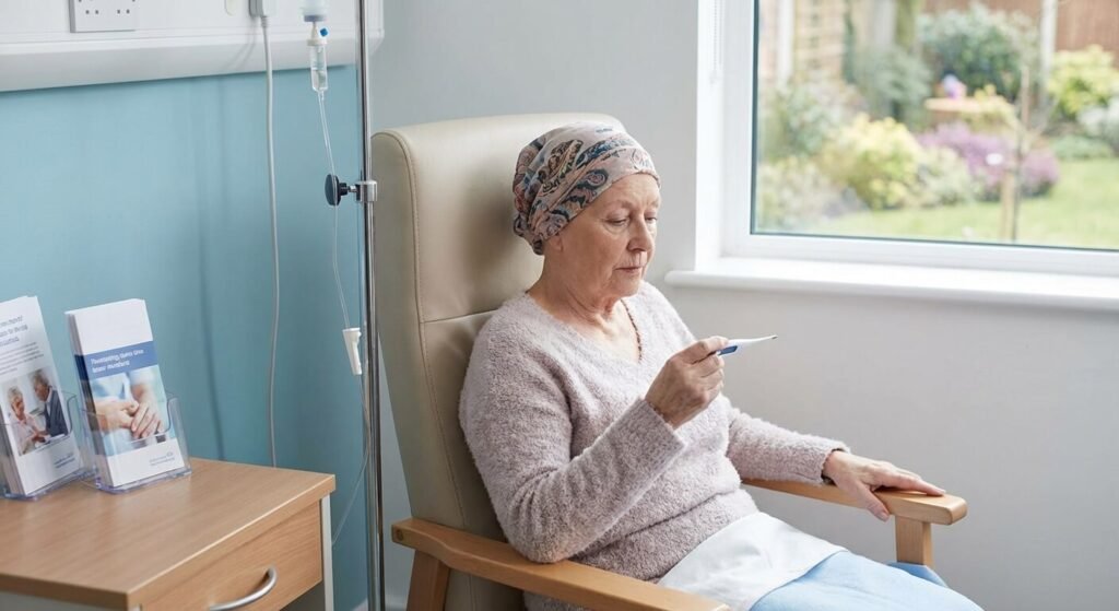 Patient en traitement de chimiothérapie surveillant sa température avec un thermomètre