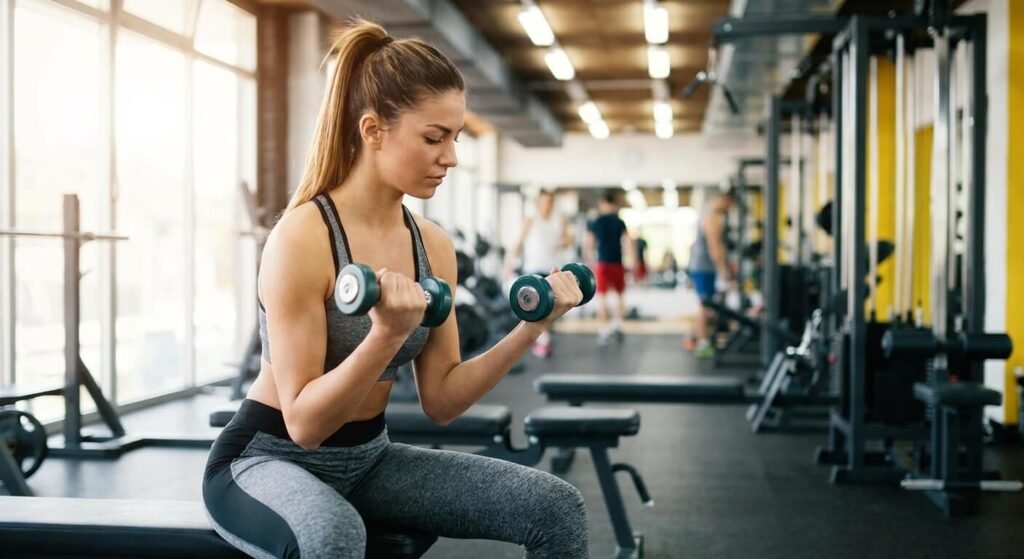 Femme pratiquant des exercices de musculation des bras avec des haltères légers en salle de sport