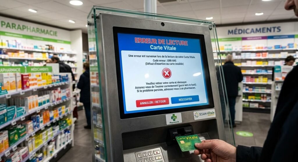 Écran d'une borne de mise à jour en pharmacie affichant un code erreur lors de l'insertion de la carte