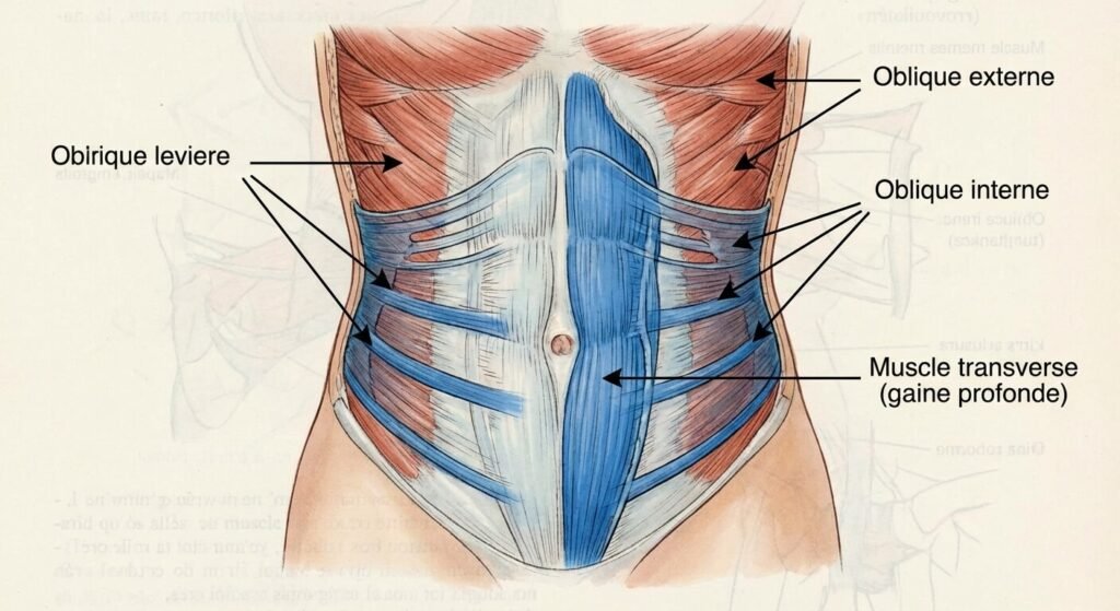 Schéma des couches musculaires abdominales mettant en évidence le muscle transverse (gaine profonde)